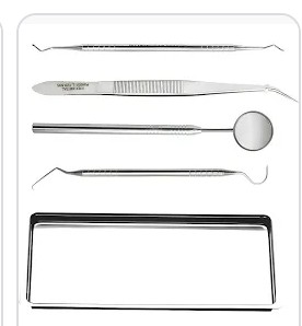 Kit clínico golgran composto por bandeja, pinça clínica, cureta de dentina, sonda exploradora, odontoscopio